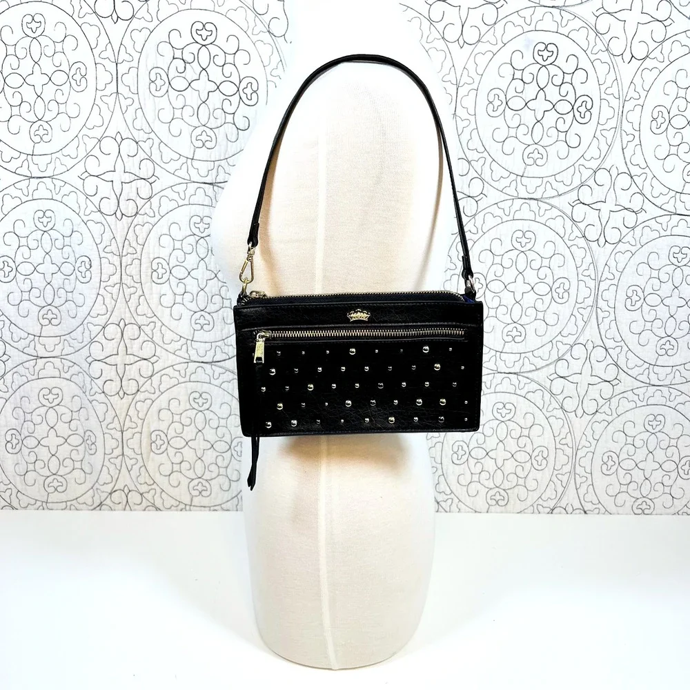 Juicy Couture Los Angeles Black‎ Studded Faux Leather Shoulder Bag Blue Lining